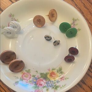 6 pair Unique handmade Vintage Button Stud Earrings by Holly